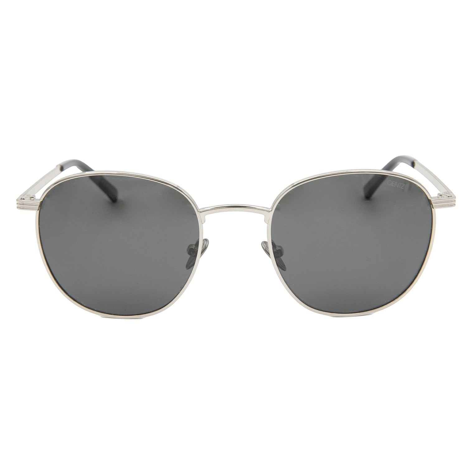 Gentz Eyewear The Laurent zilverkleurige ronde metalen zonnebril met donkergrijze glazen en verstelbare neuspads.