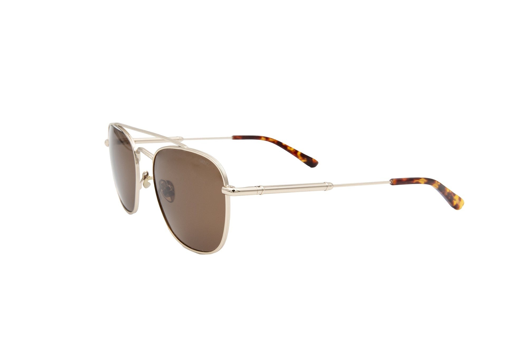 Gentz Eyewear The Stratos zilveren metalen piloten zonnebril met bruine glazen en schildpad-patroon details op de pootjes.