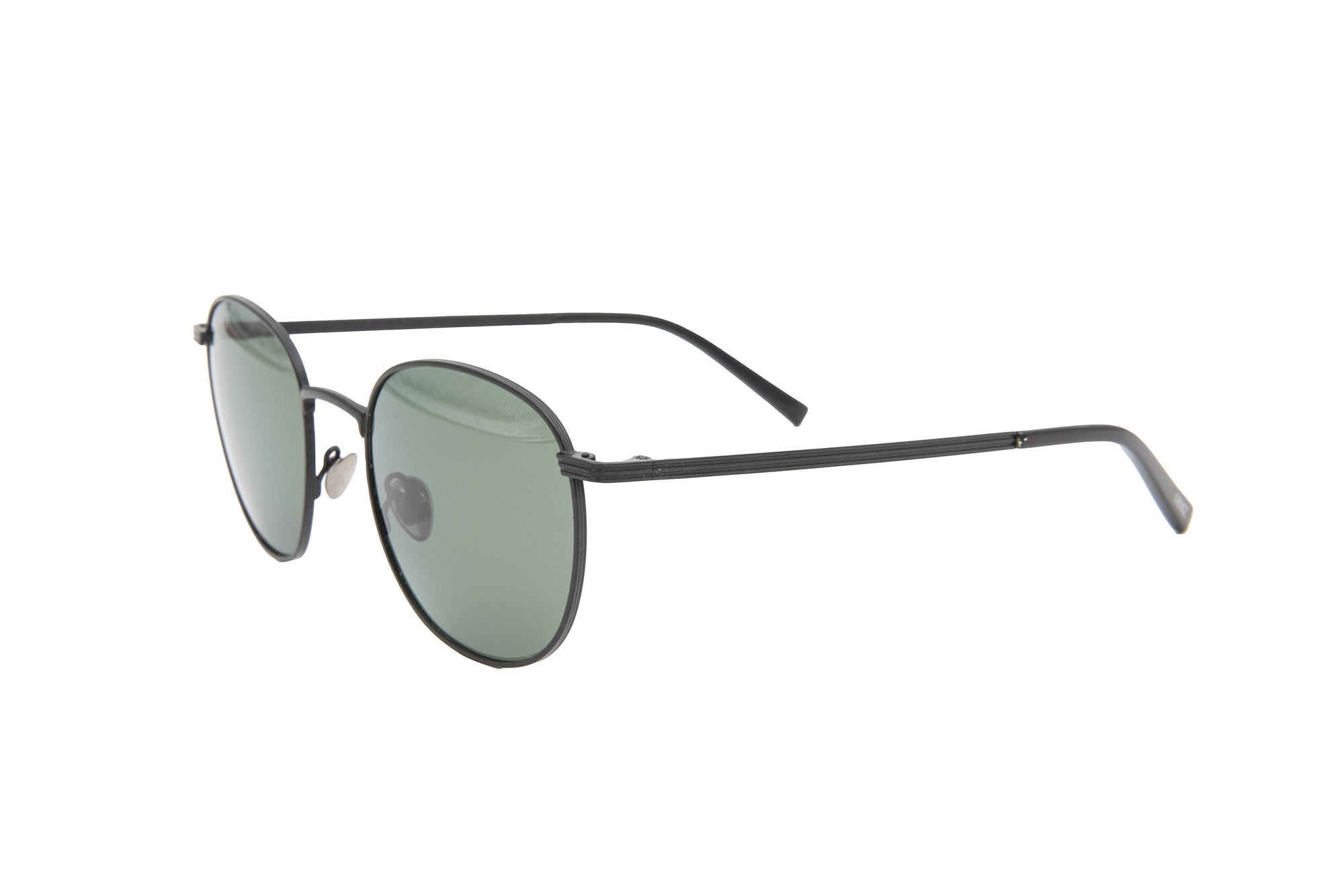 Gentz Eyewear The Laurent heren zonnebril met ronde, donkergrijze metalen montuur en groene glazen.