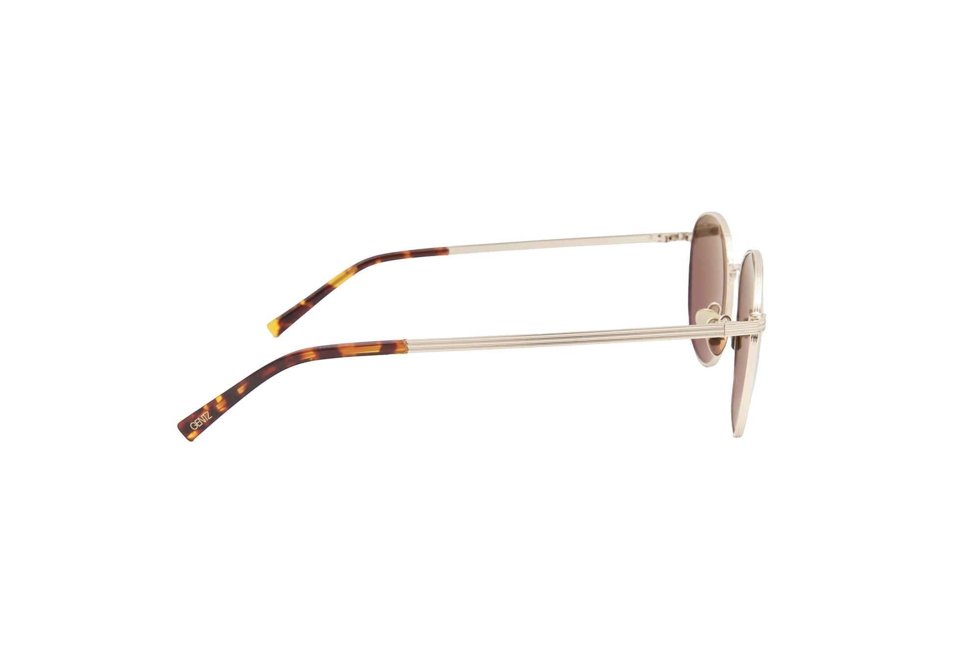 Gentz Eyewear The Laurent zonnebril met rond metaal montuur en schildpad pootjes. Lichtgewicht en elegant.