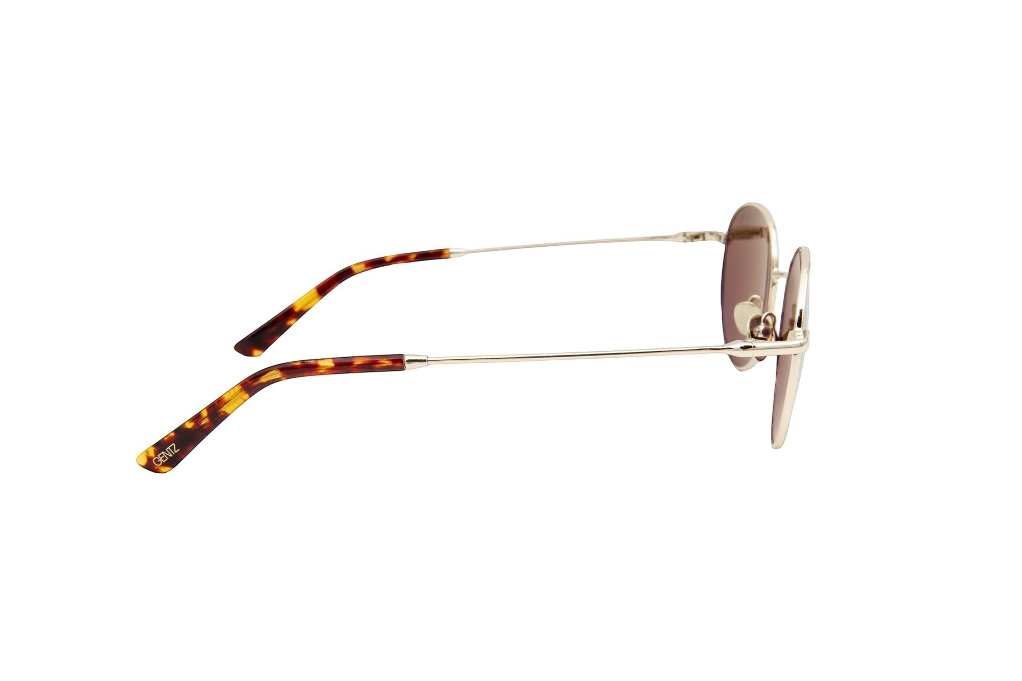 Gentz Eyewear The Marlow ronde zonnebril met goudkleurig metaal en schildpad-look pootjes. Bruin getinte glazen.