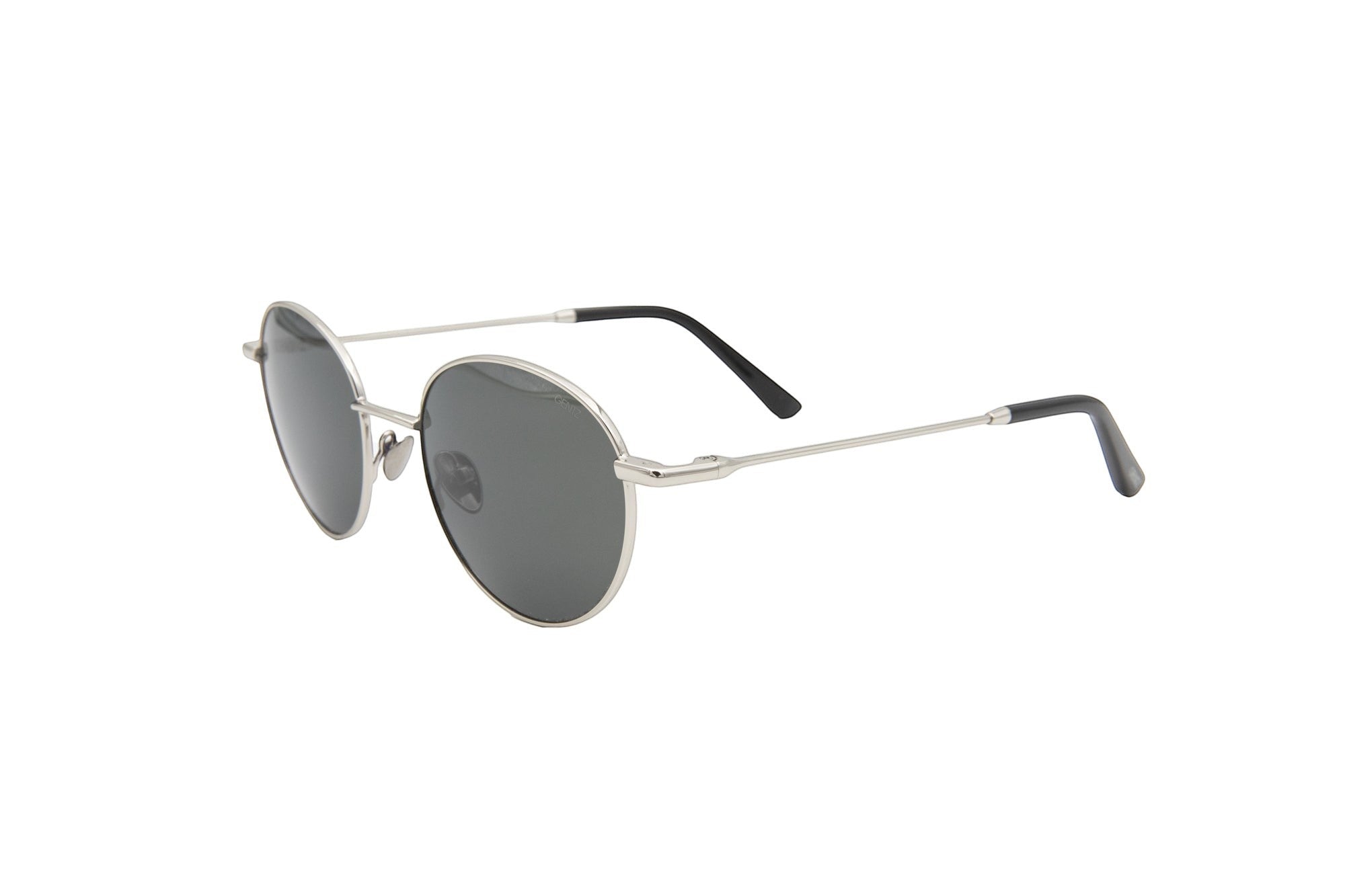 Gentz Eyewear The Marlow zilverkleurige metalen ronde zonnebril met donkergrijze glazen en tortoise-tip uiteinden.