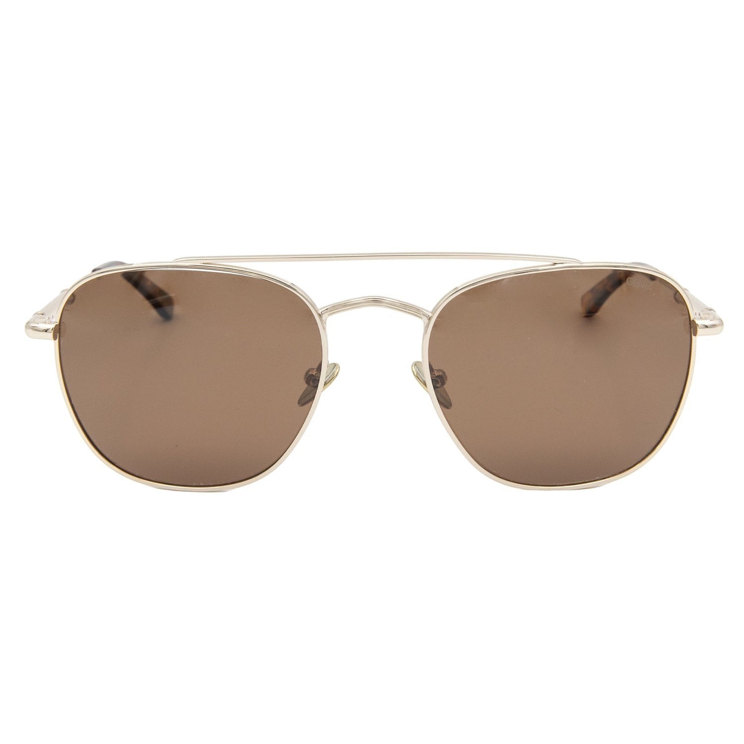 Gentz Eyewear Stratos zonnebril met bruine glazen, zilverkleurig metalen montuur en dubbele neusbrug.