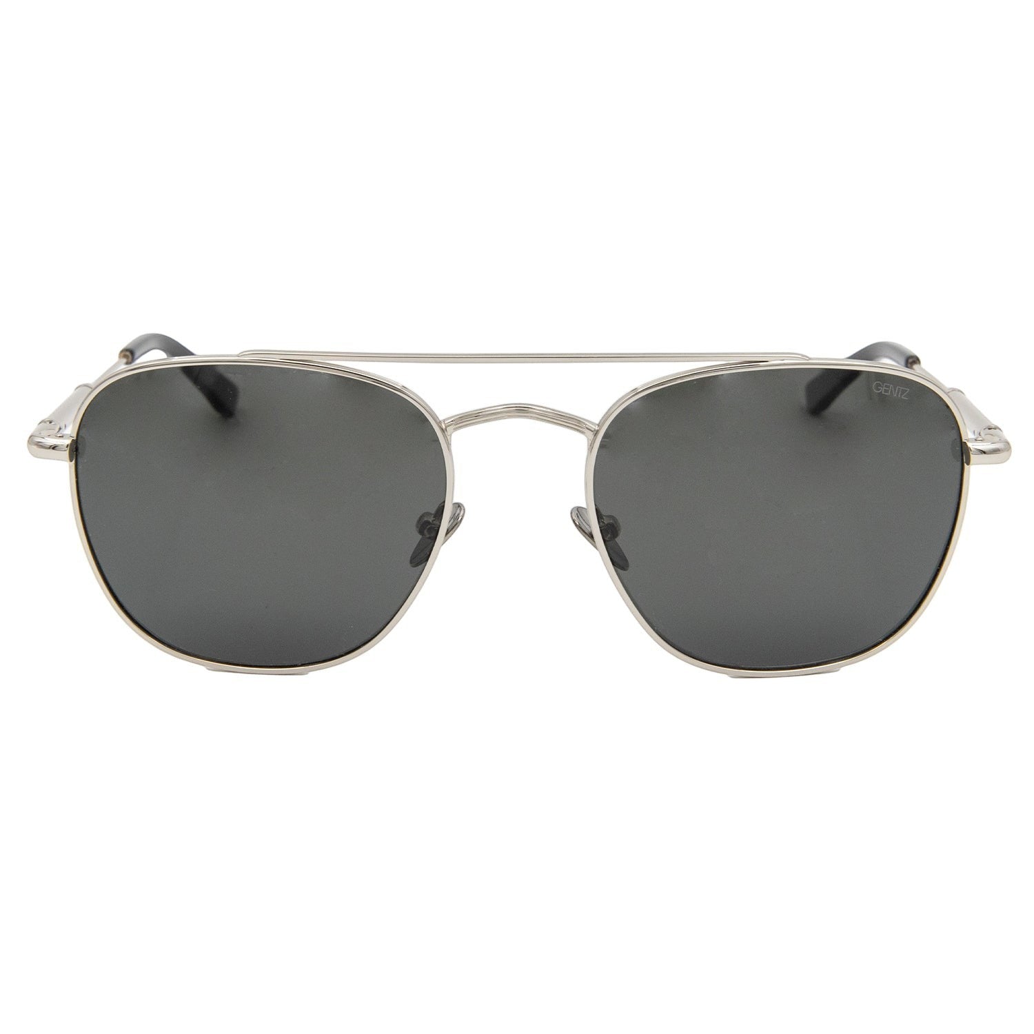 Gentz Eyewear The Stratos zilveren piloten zonnebril met donkere glazen en dubbele neusbrug.