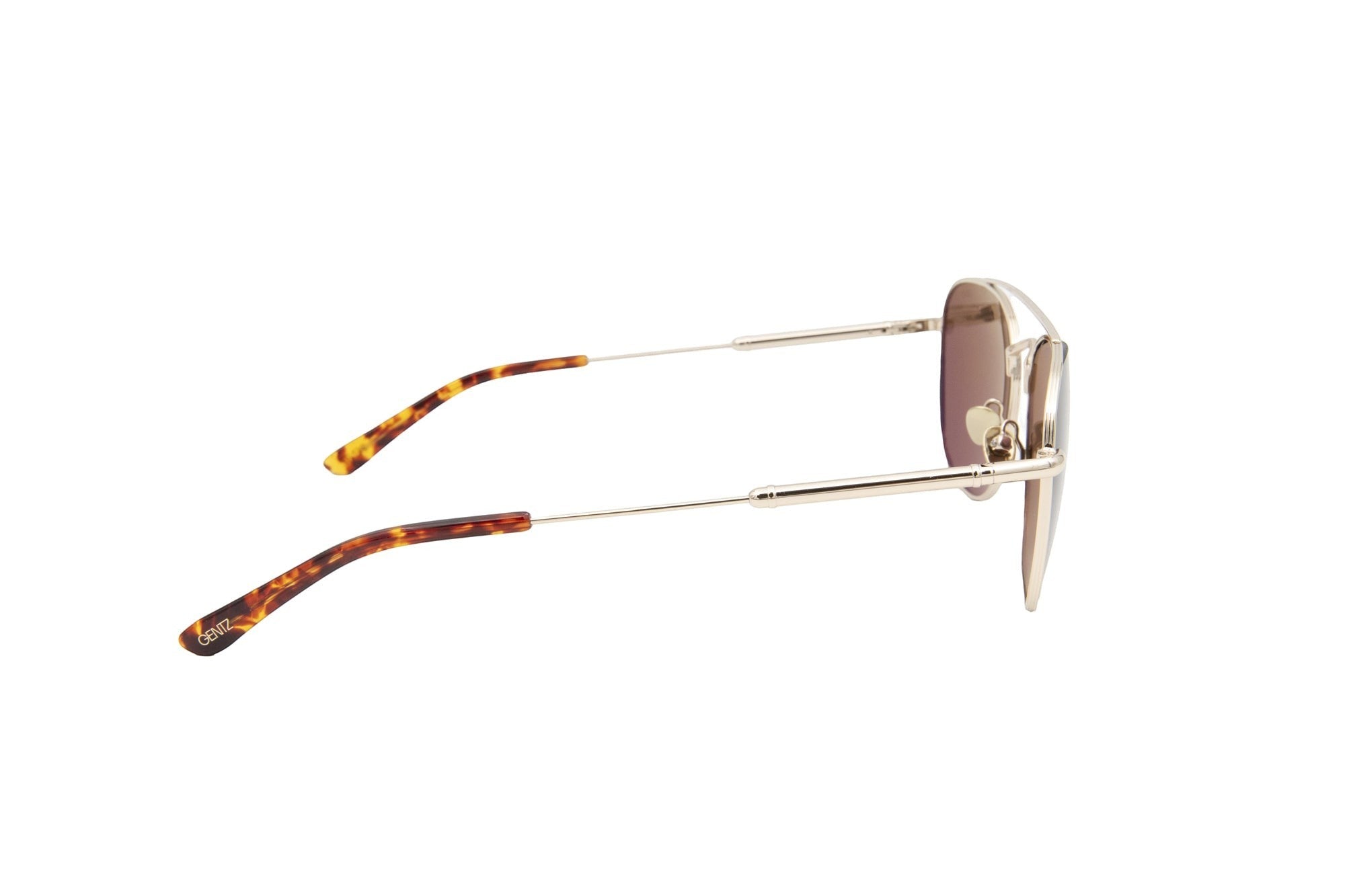 Gentz Eyewear The Stratos zonnebril met zilverkleurig metalen frame en schildpadprint pootjes.