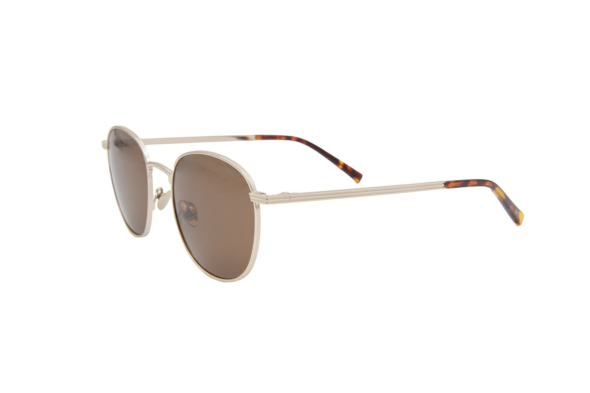 Gentz Eyewear The Laurent zilverkleurige metalen bril met bruine glazen en schildpad-patroon op de pootjes.