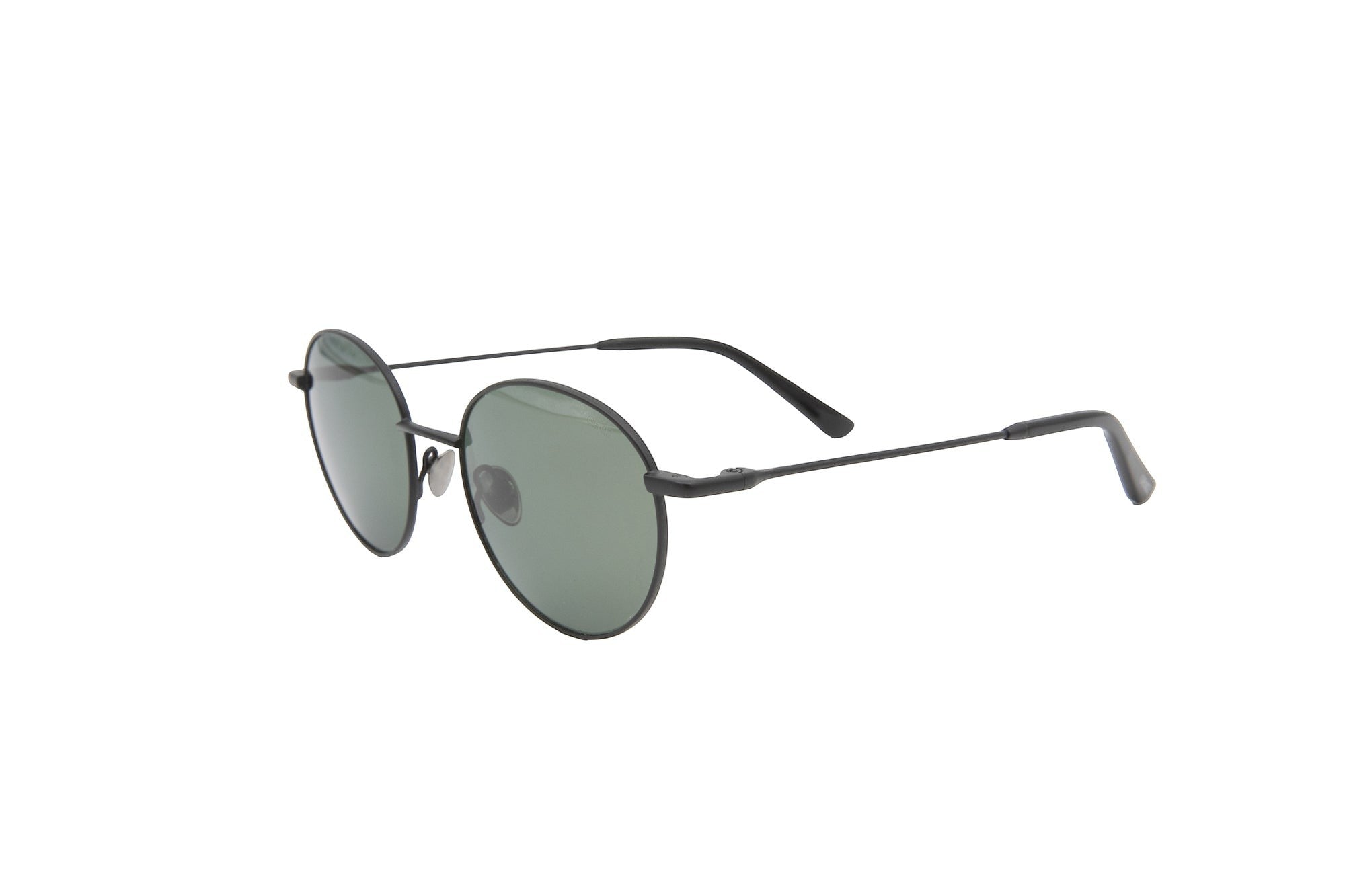 Gentz Eyewear The Marlow ronde zonnebril met donkergroene glazen en een slank zwart metalen montuur.